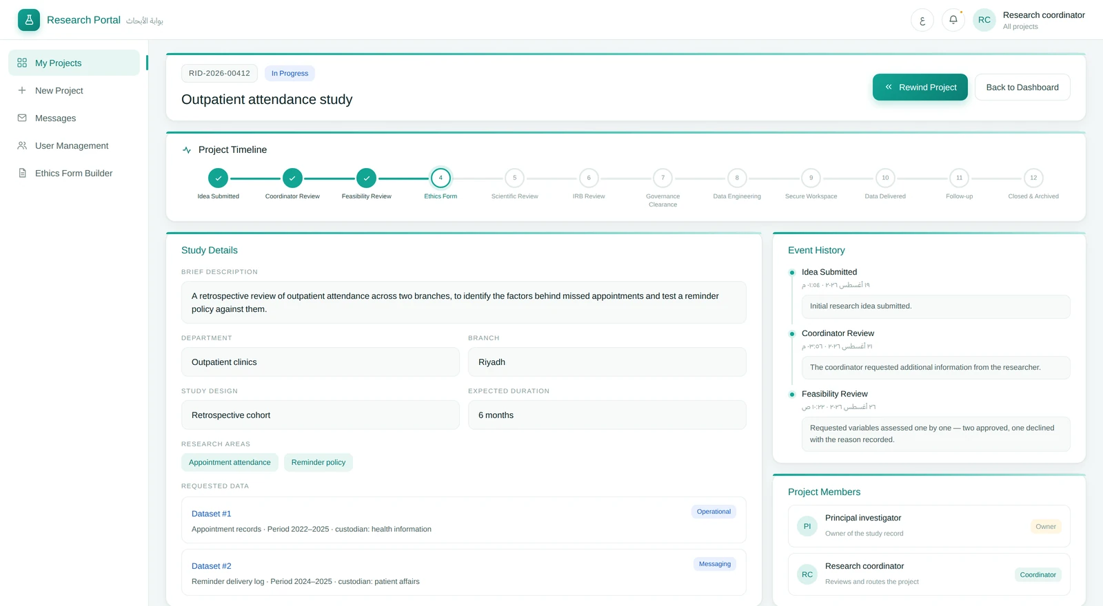 The research portal's project page, recreated: a twelve-stage timeline from idea submitted to closed and archived with the ethics stage current, study details, requested datasets, an event history and role-only project members.